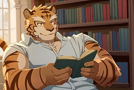 01178-2427794608-bara, furry, furry_male,male focus,muscular male, orange eyes,tiger furry,tiger ears, ,1boy, solo,_in library,  reading,reading.png